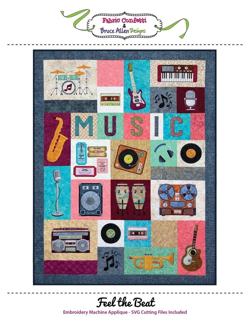 Fabric Confetti & Bruce Allen Designs Feel The Beat Quilt Machine Embroidery CD Finished Size: 54"x74" - BONUS SVG Files