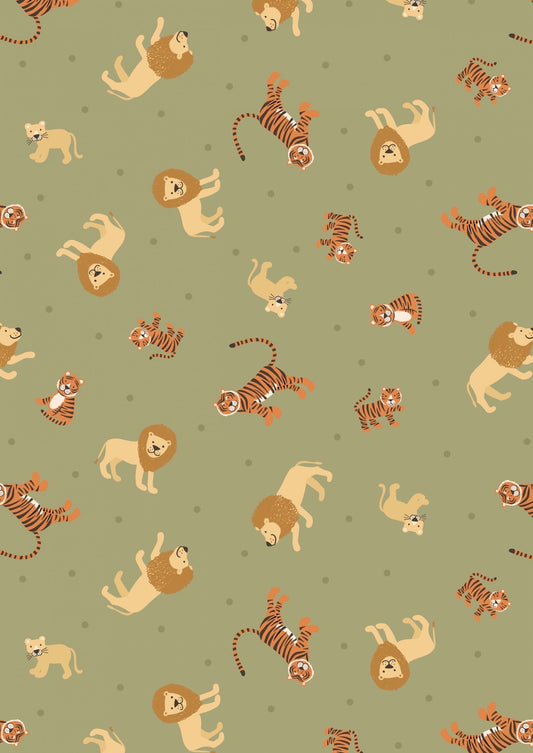 Lewis & Irene Small Things Wild Animals Fabric Collection Lions and Tigers on Green Premium 100% Cotton Quilt Shop Quality Fabrics