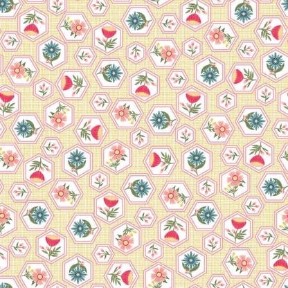 Maywood Studio Kimberbell Vintage Flora Fabric Collection Honeycomb Flower on Yellow Premium 100% Cotton Quilt Shop Quality Fabrics
