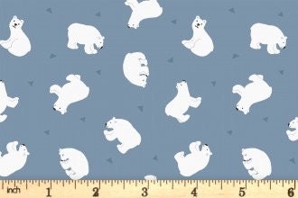 END OF BOLT 19" Lewis & Irene Small Things Polar Animals Fabric Collection Pearlescent Polar Bears on Light Denim Premium 100% Cotton Fabric