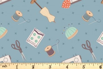 Lewis & Irene Small Things Crafts Fabric Collection Dressmaking on Grey Blue Premium 100% Cotton Quilt Shop Quality Fabrics