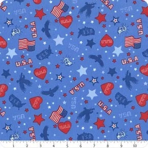 Lewis & Irene Americana Fabric Collection USA Motifs on Mid Blue Authentic Premium 100% Cotton Quilt Shop Quality Fabrics