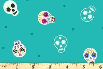 Lewis & Irene Small Things Glow Fabric Collection Glowing Sugar Skulls on Turquoise Premium 100% Cotton Fabrics