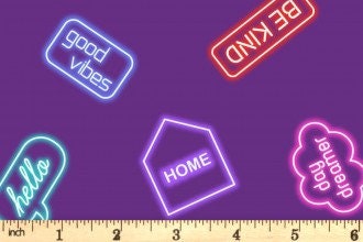 Glow-In-The-Dark Lewis & Irene Small Things Glow Fabric Collection Neon Signs on Purple Authentic Premium 100% Cotton Fabric