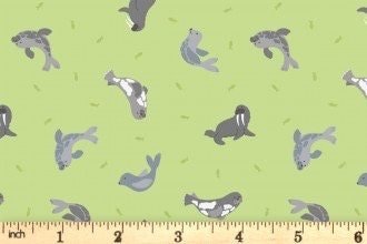 Lewis & Irene Small Things Polar Animals Fabric Collection Pearlescent Seals on Iced Lime Authentic Premium 100% Cotton Fabrics