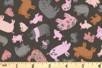 Lewis & Irene Piggy Tails Fabric Collection Piggies on Dark Mud Premium 100% Cotton Quilt Shop Quality Fabrics