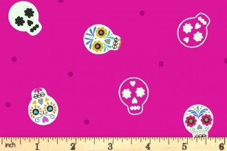 Lewis & Irene Small Things Glow Fabric Collection Glowing Sugar Skulls on Bright Pink Premium 100% Cotton Fabrics