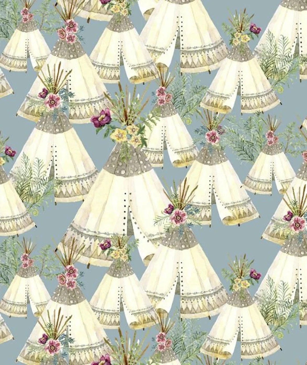 3Wishes Forest Friends Fabric Collection Floral Tents on Blue