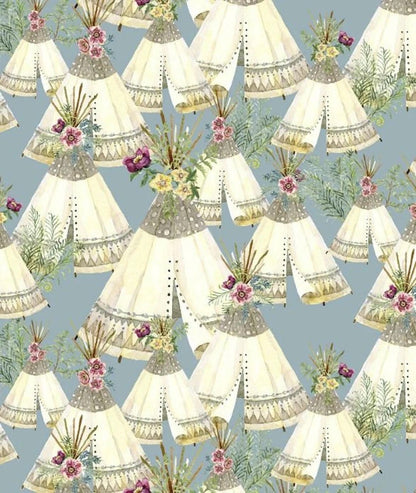3Wishes Forest Friends Fabric Collection Floral Tents on Blue