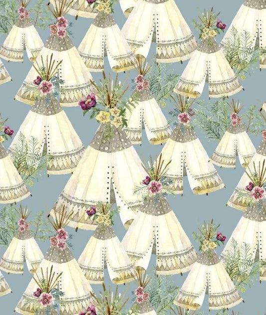 3Wishes Forest Friends Fabric Collection Floral Tents on Blue
