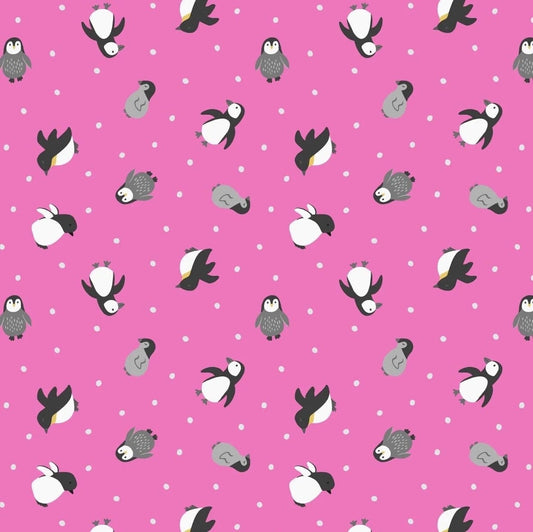 Lewis & Irene Small Things Polar Animals Fabric Collection Pearlescent Penguins on Aurora Pink Premium 100% Cotton Fabrics