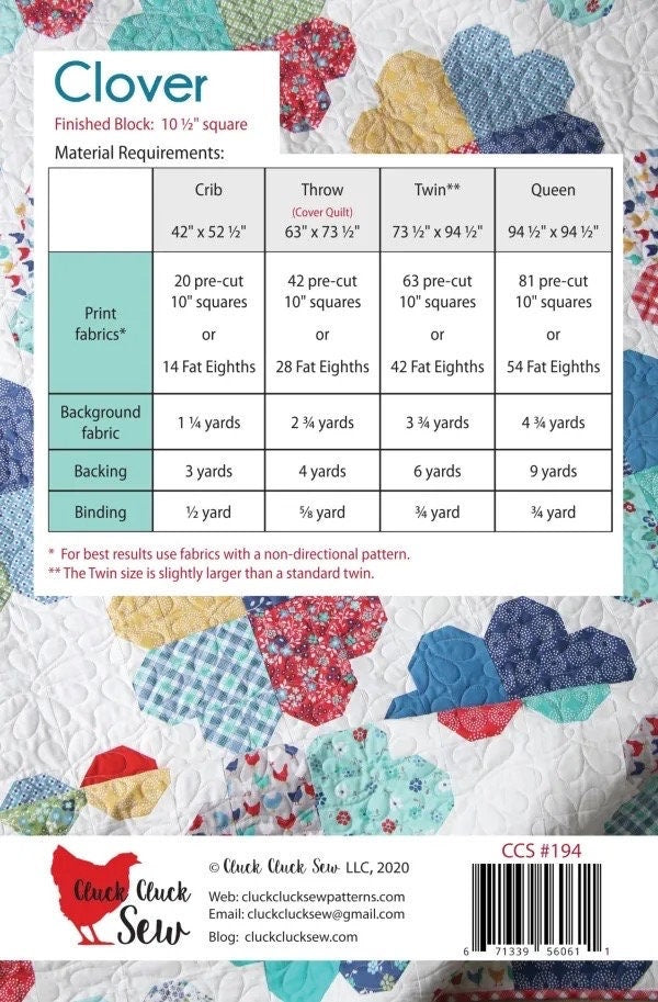 Cluck Cluck Sew Clover Quilt Pattern - 4 Size Variations Per Pattern