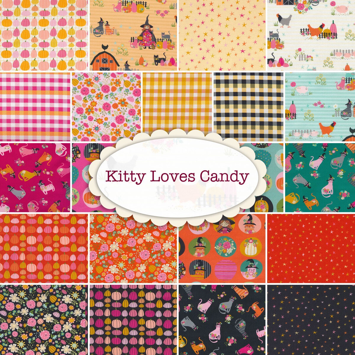 Poppie Cotton Kitty Loves Candy Fabric Collection The Good Witch on White Premium 100% Quilt Shop Quality Cotton Fabrics