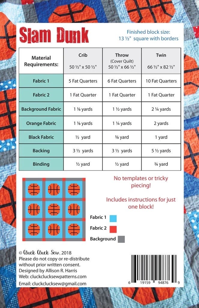 Cluck Cluck Sew Slam Dunk Quilt Pattern - 3 Size Variations Per Pattern