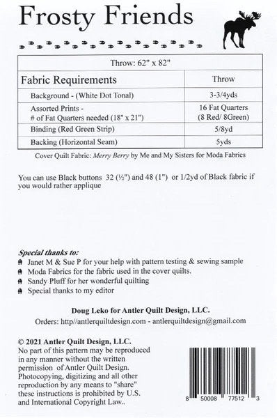 Doug Leko Antler Quilt Designs Frosty Friends Quilt Pattern Finished Size: 62"x82"