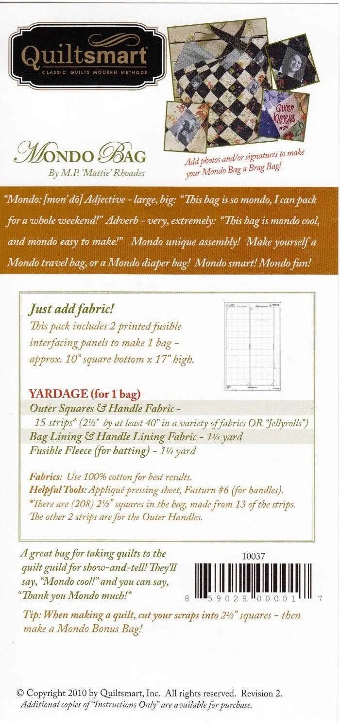 Quiltsmart Mondo Bag Printed Interfacing & Instructions Pack