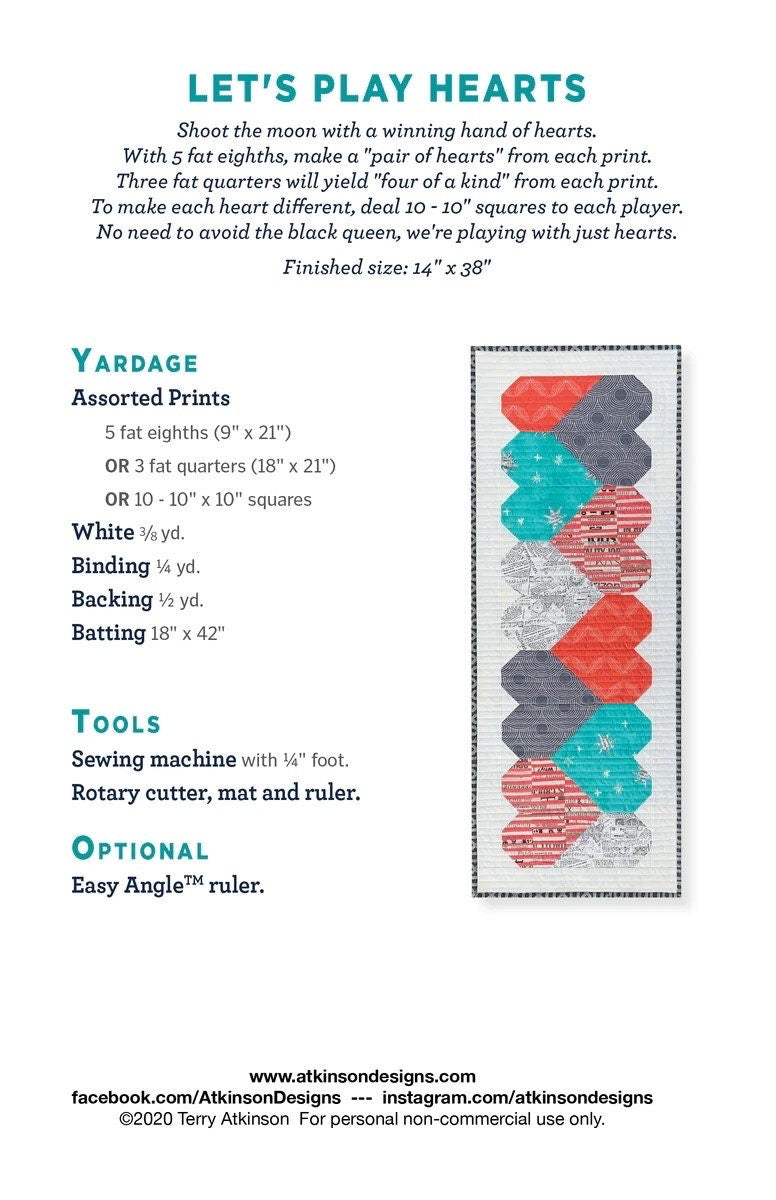 Atkinson Designs Let's Play Hearts Table Runner Pattern Finished Size: 14"x38"
