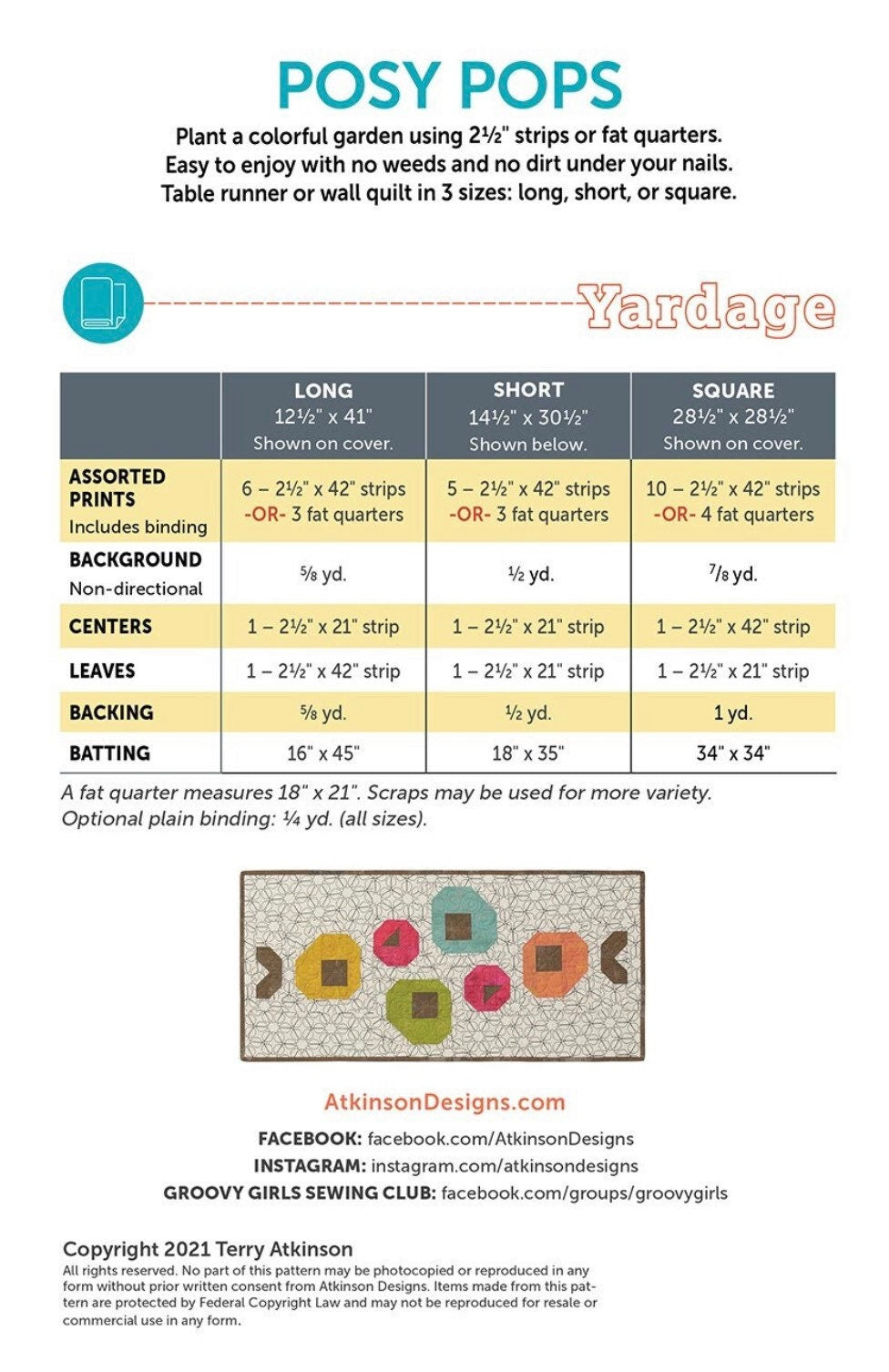 Atkinson Designs Posy Pops Table Runner/Wall Quilt Pattern - 3 Size Variations Per Pattern