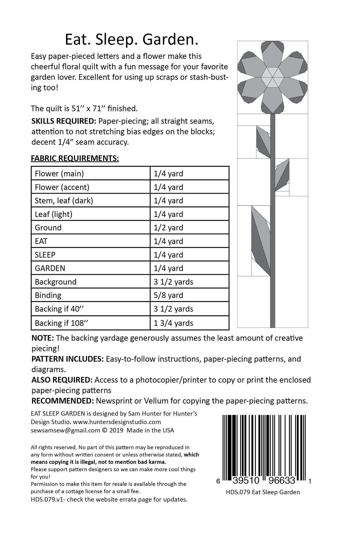 Hunter's Design Studio Eat. Sleep. Garden. Quilt Pattern Finished Size: 50"x71"
