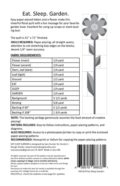Hunter's Design Studio Eat. Sleep. Garden. Quilt Pattern Finished Size: 50"x71"