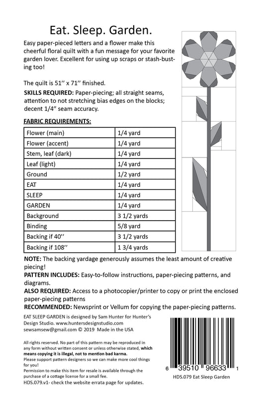 Hunter's Design Studio Eat. Sleep. Garden. Quilt Pattern Finished Size: 50"x71"