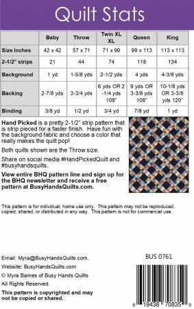 Busy Hands Quilts Hand Picked Quilt Pattern - 5 Size Variations Per Pattern
