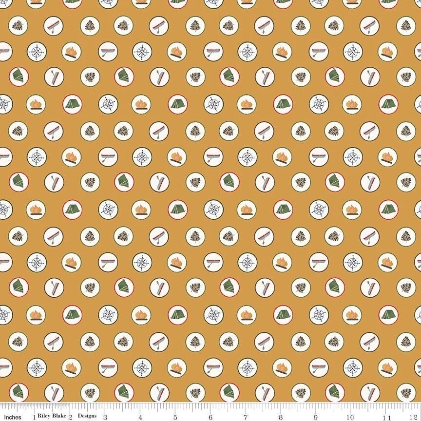 Riley Blake Love You S'more Fabric Collection Badges on Gold Premium 100% Cotton Quilt Shop Quality Fabrics