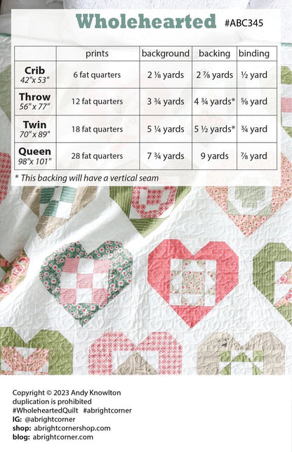 A Bright Corner Wholehearted Quilt Pattern - 4 Size Variations Per Pattern