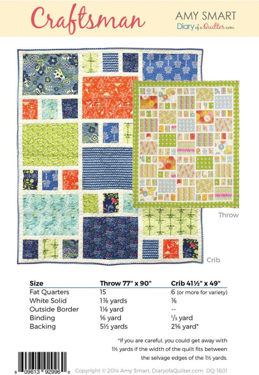 Diary of a Quilter Craftsman Quilt Pattern - 2 Size Variations Per Pattern