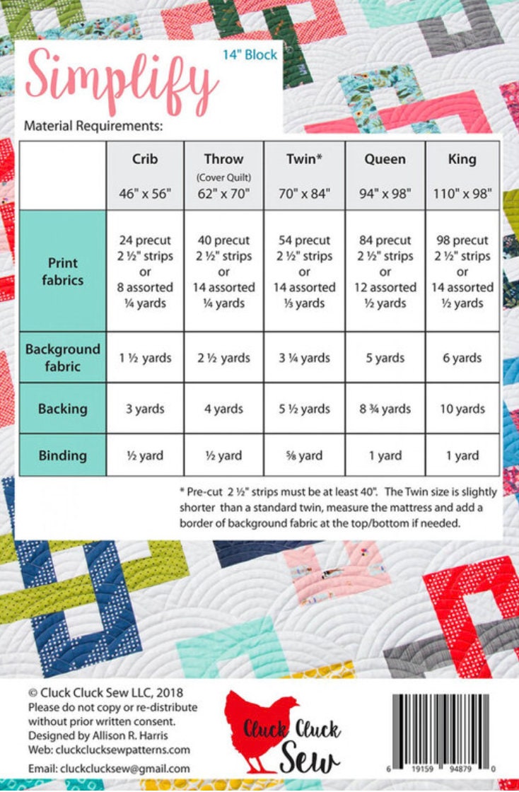 Cluck Cluck Sew Simplify Quilt Pattern - 5 Size Variations Per Pattern