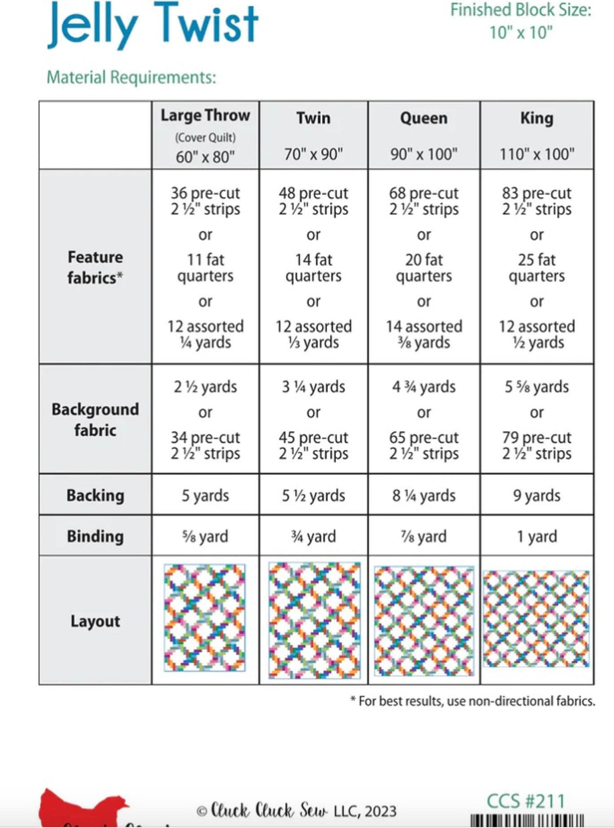 Cluck Cluck Sew Jelly Twist Quilt Pattern - 4 Size Variations Per Pattern