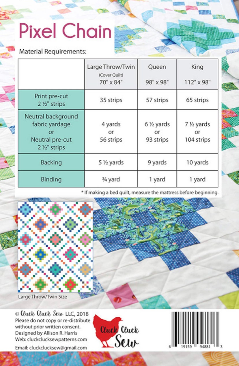 Cluck Cluck Sew Pixel Chain Quilt Pattern - 3 Size Variations Per Pattern