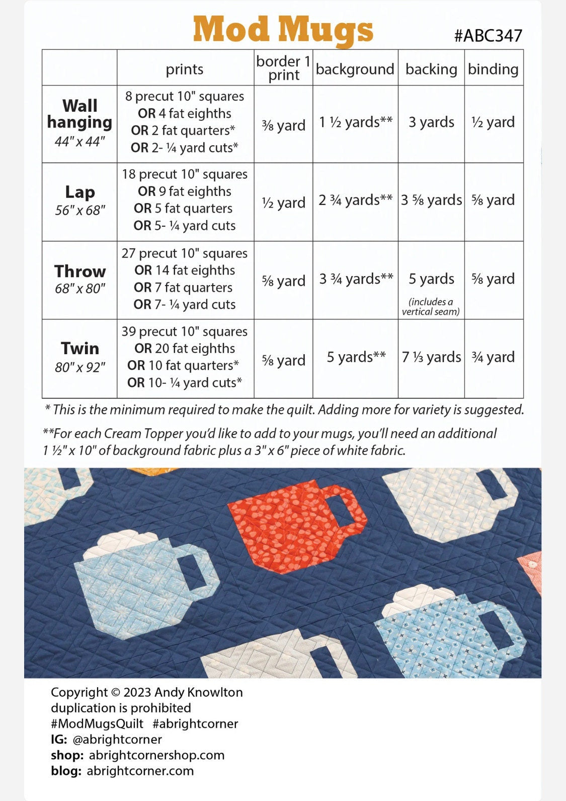 A Bright Corner Mod Mugs Quilt Pattern - 4 Size Variations Per Pattern