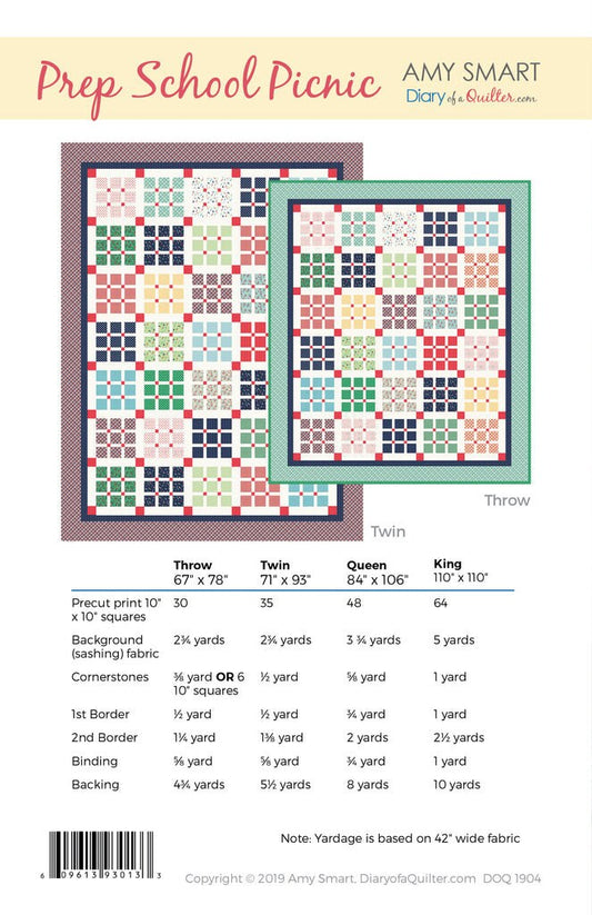 Diary of a Quilter Amy Smart Prep School Picnic Quilt Pattern - 4 Size Variations Per Pattern