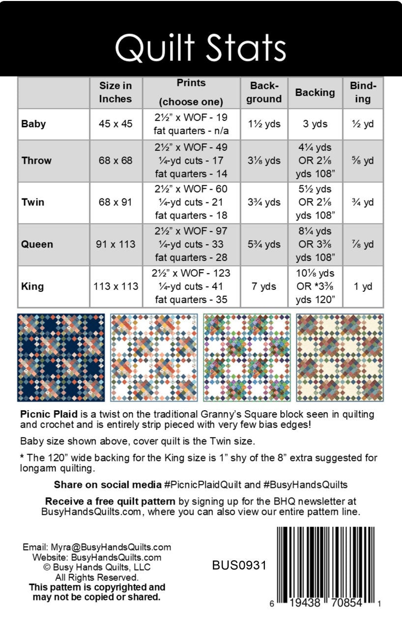 Busy Hands Quilts Picnic Plaid Quilt Pattern - 5 Size Variations Per Pattern