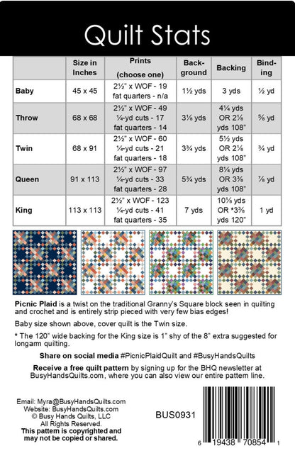 Busy Hands Quilts Picnic Plaid Quilt Pattern - 5 Size Variations Per Pattern