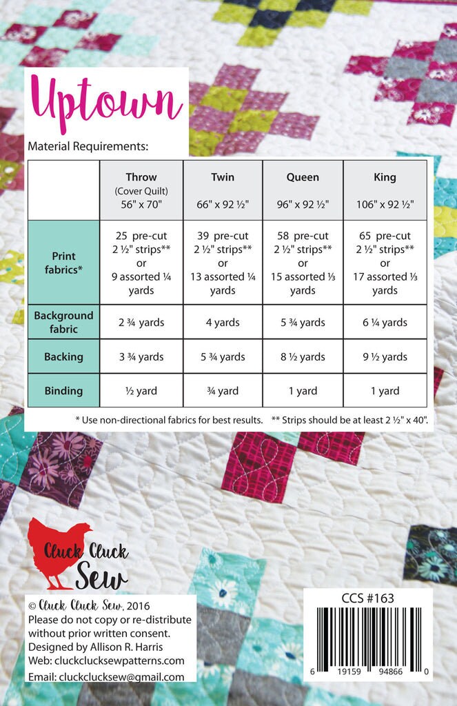 Cluck Cluck Sew Uptown Quilt Pattern - 4 Size Variations Per Pattern