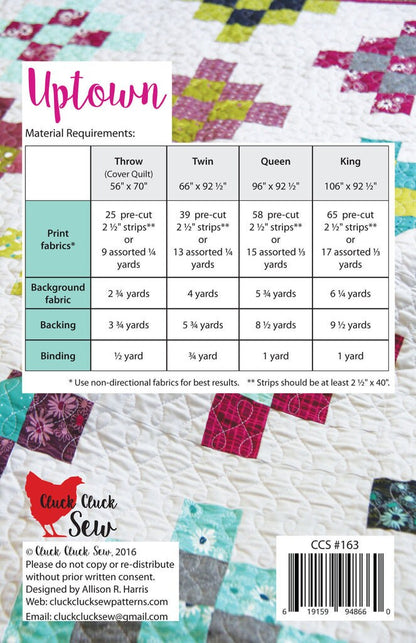 Cluck Cluck Sew Uptown Quilt Pattern - 4 Size Variations Per Pattern