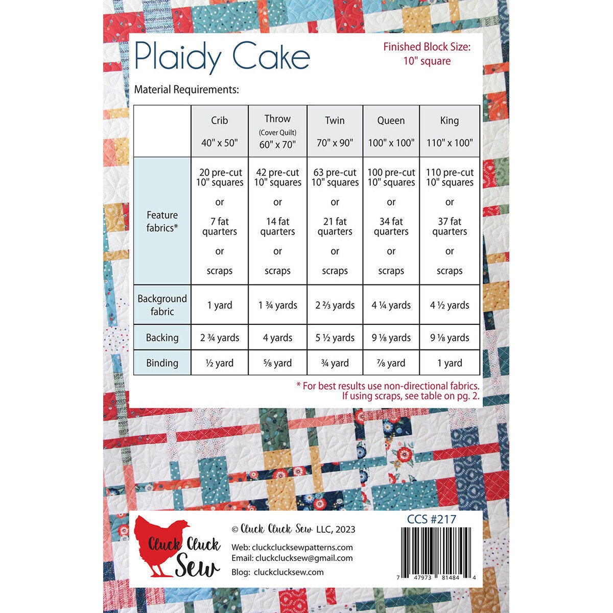 Cluck Cluck Sew Plaidy Cake Quilt Pattern - 5 Size Variations Per Pattern