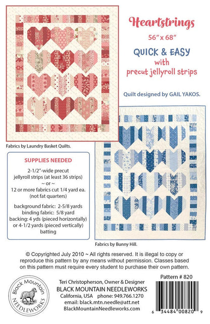 Black Mountain Needleworks Heartstrings Quilt Pattern Finished Size: 56"x68"