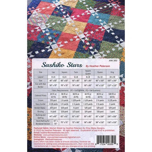 Anka's Treasures Sashiko Stars Quilt Pattern - 6 Size Variations Per Pattern