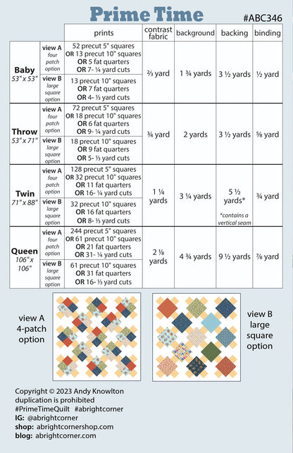 A Bright Corner Prime Time Quilt Pattern - 4 Size Variations Per Pattern