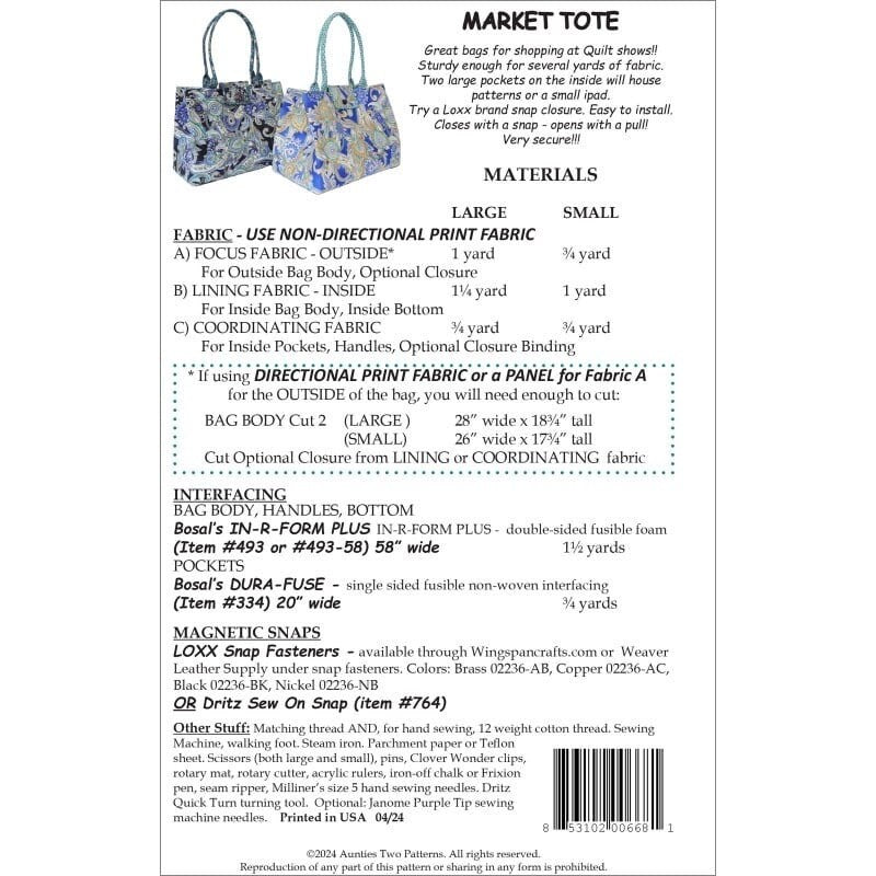 Aunties Two Market Tote Pattern - 2 Size Variations Per Pattern