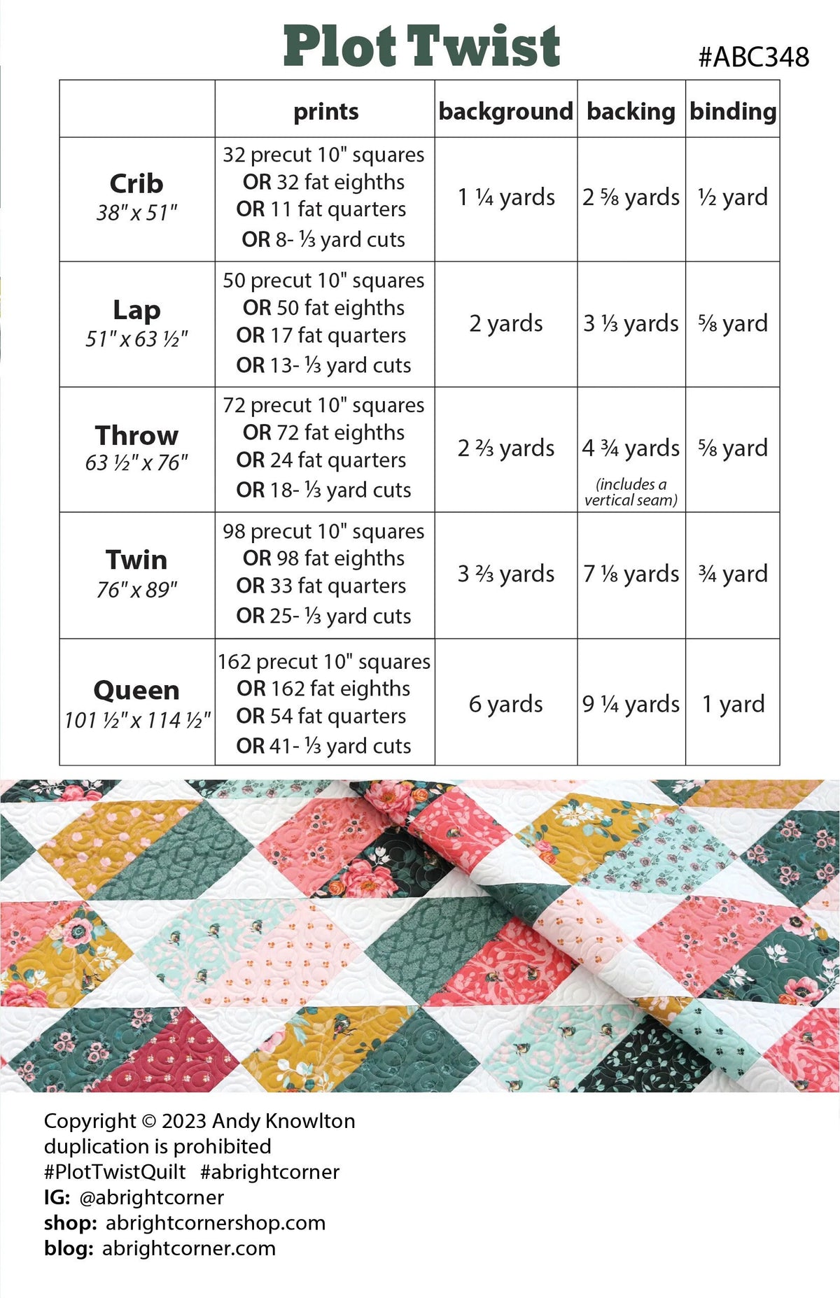A Bright Corner Plot Twist Quilt Pattern - 5 Size Variations Per Pattern