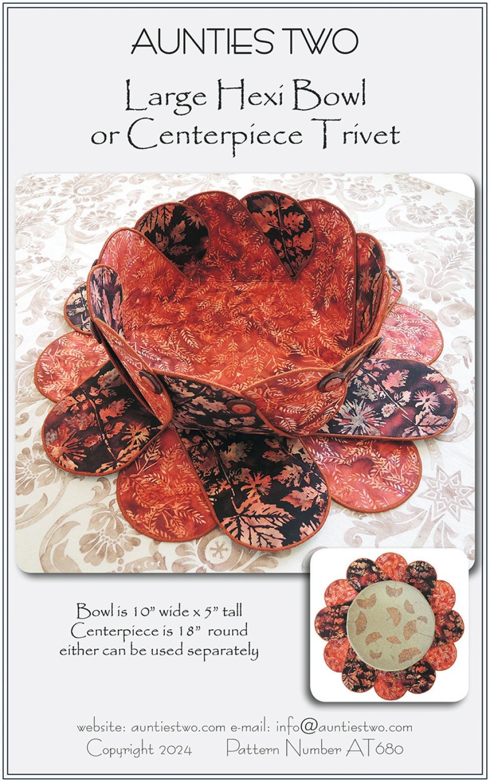 Aunties Two Large Hexi Bowl or Centerpiece Trivet Pattern - 2 Size Variations Per Pattern