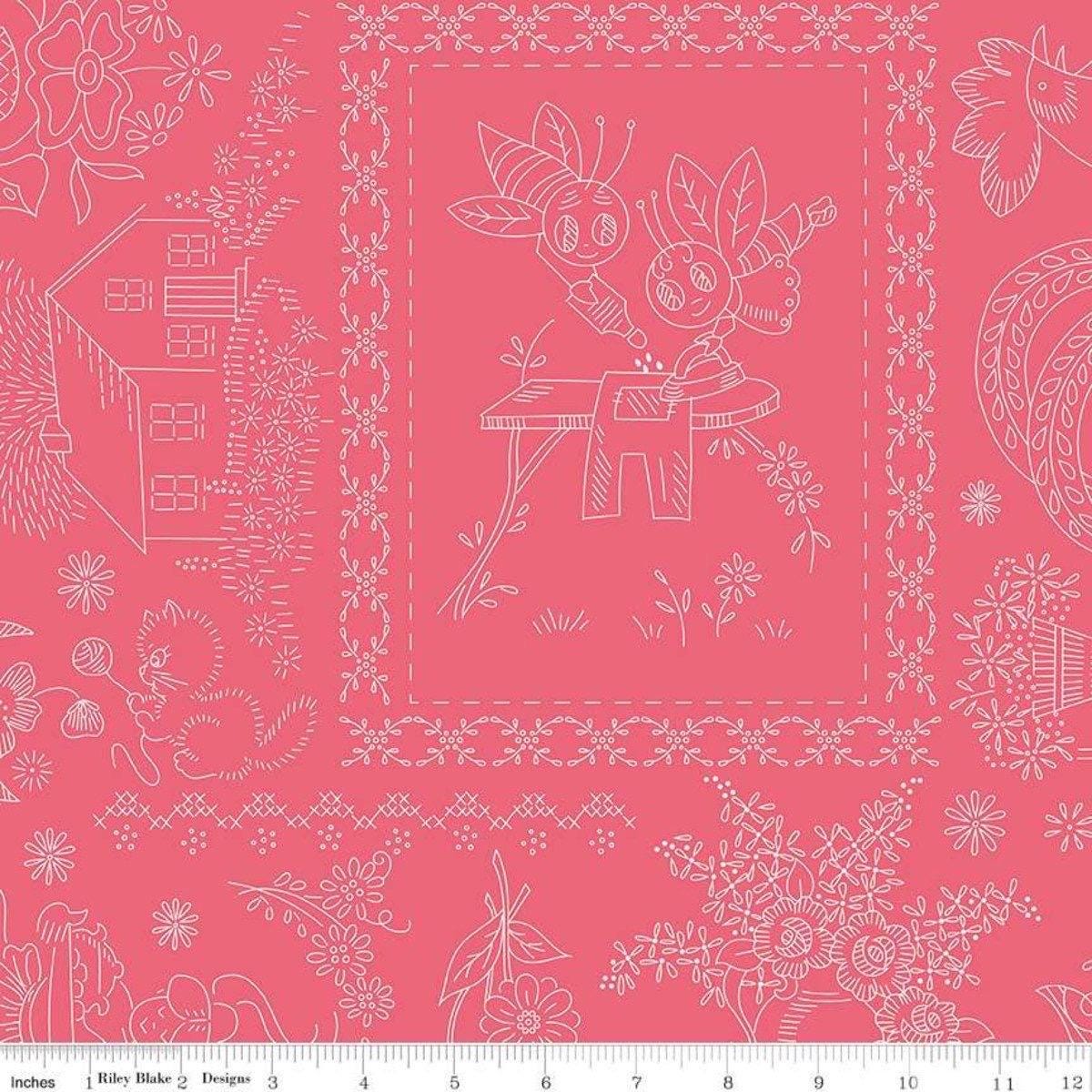 WIDEBACKS! Riley Blake Granny Chic Fabric Collection Vintage Embroidery on Pink Wideback ( 107"-108" Width) Premium 100% Cotton Fabrics