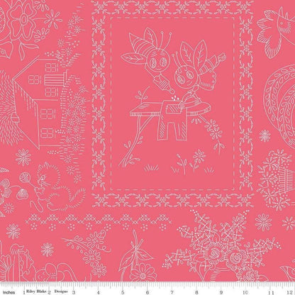 WIDEBACKS! Riley Blake Granny Chic Fabric Collection Vintage Embroidery on Pink Wideback ( 107"-108" Width) Premium 100% Cotton Fabrics