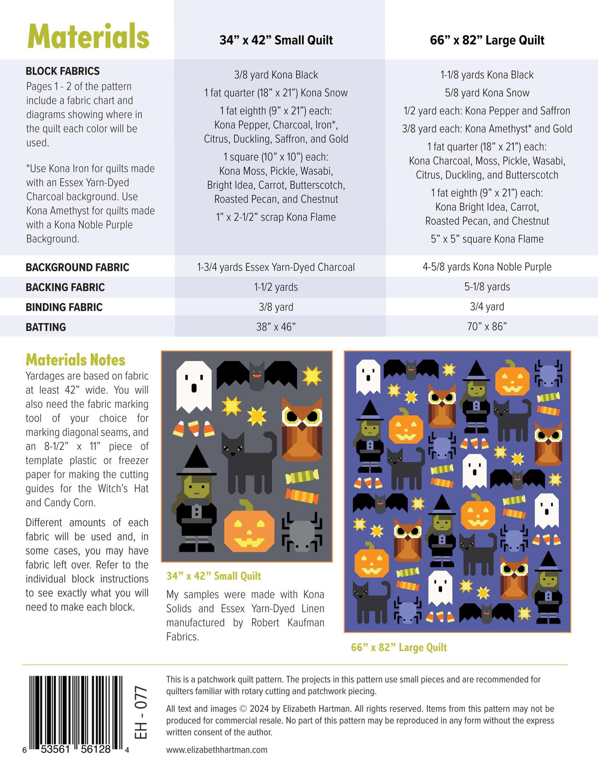 Elizabeth Hartman Happy Halloween - 2 Size Variations Per Pattern