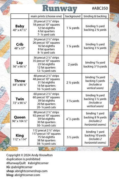 A Bright Corner Runway Quilt Pattern - 7 Size Variations Per Pattern ABC350