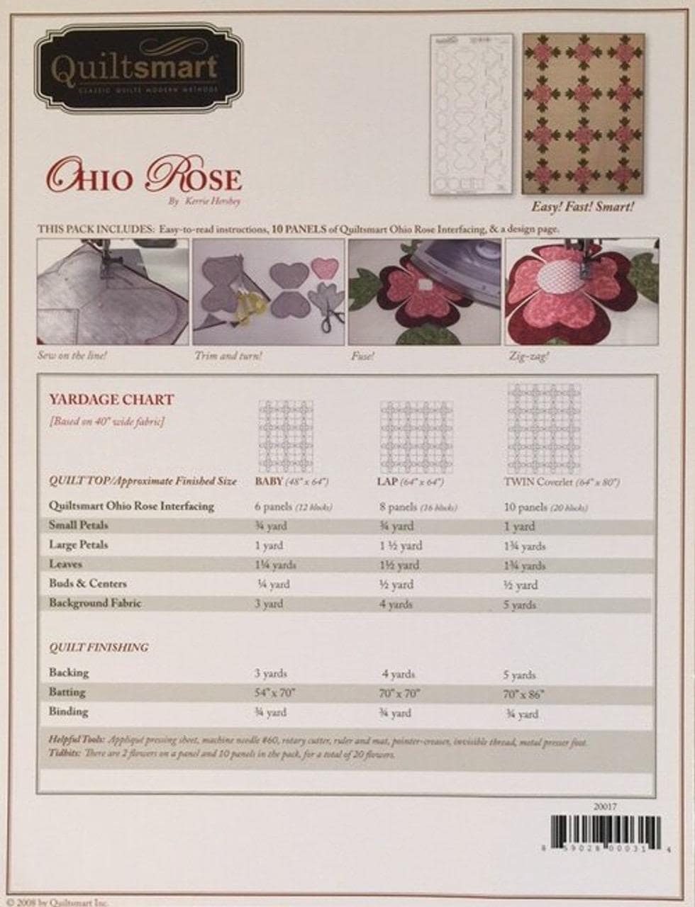 Quiltsmart Ohio Rose Printed Interfacing & Instructions Pack - 3 Size Variations Per Pack